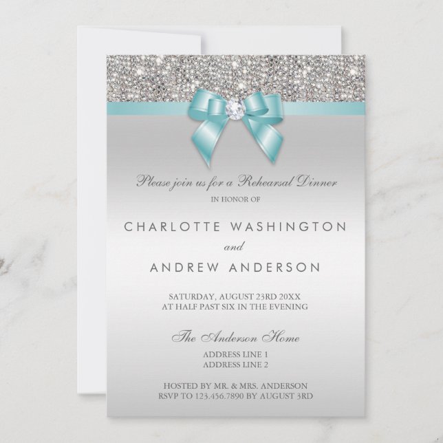 Silver Sequins Teal Bow Wedding Rehearsal Dinner Invitation (Front)