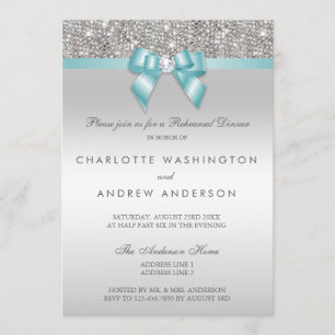 Silver Sequins Teal Bow Wedding Rehearsal Dinner Invitation