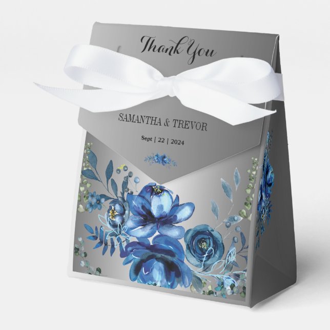 Silver Serenity: Blue Floral Bliss Favor Box (Front Side)