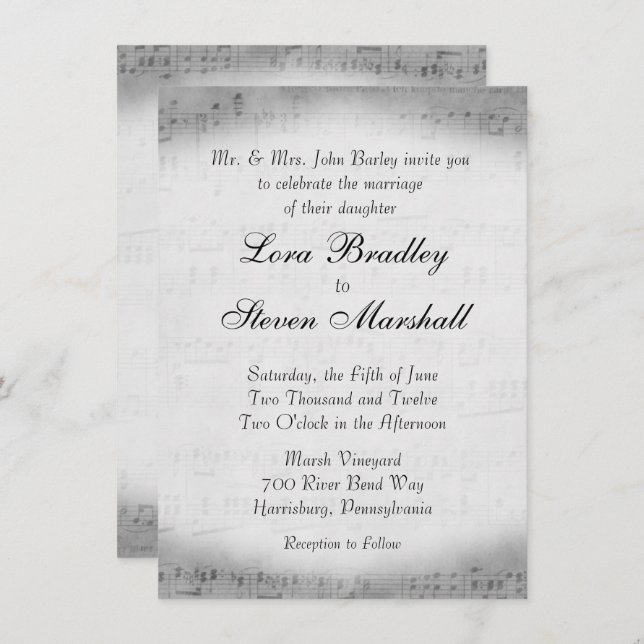 Silver Sheet Music Theme Wedding Invitation (Front/Back)