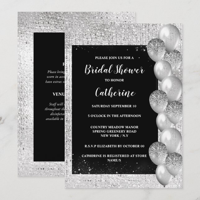 Silver shimmer balloon on black luxurious elegant  invitation (Front/Back)