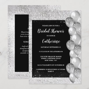 Silver shimmer balloon on black luxurious elegant  invitation