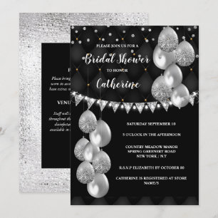 Silver shimmer balloon on black string lights chic invitation