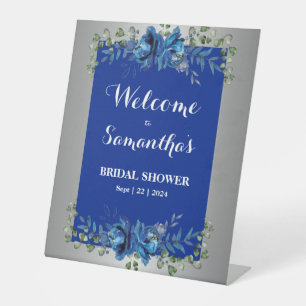 Silver Shimmer: Blue Floral Bridal Shower Pedestal Sign