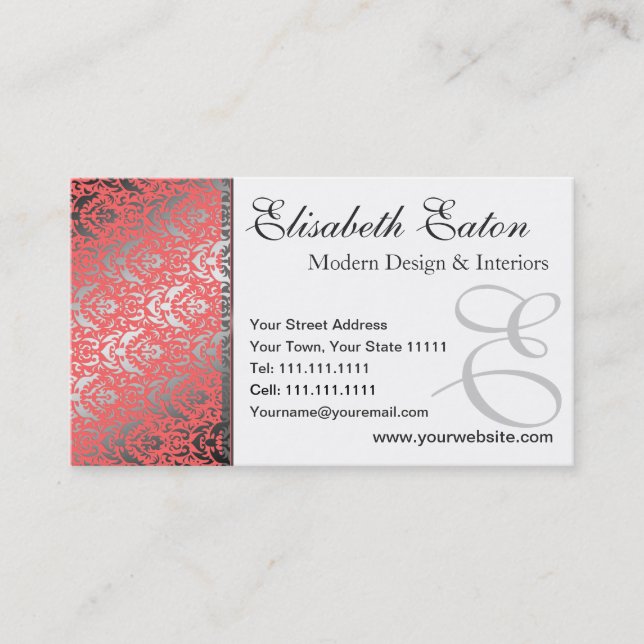 Silver Shimmer Peach Damask Elegant Woman's Business Card (Front)