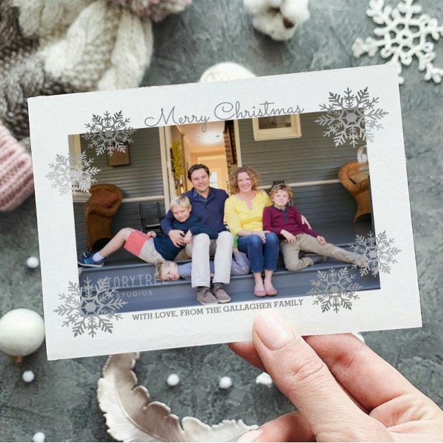 Silver Shimmering Chic Snowflake Holiday Photo Postcard (Silver Shimmering Chic Snowflake Holiday Photo Card)