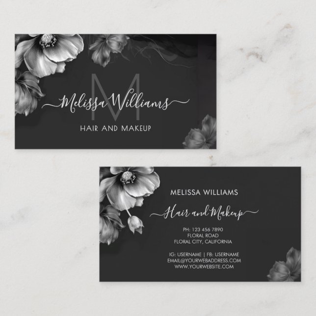 Silver Shiny Flowers Black  Business Card (Front/Back)