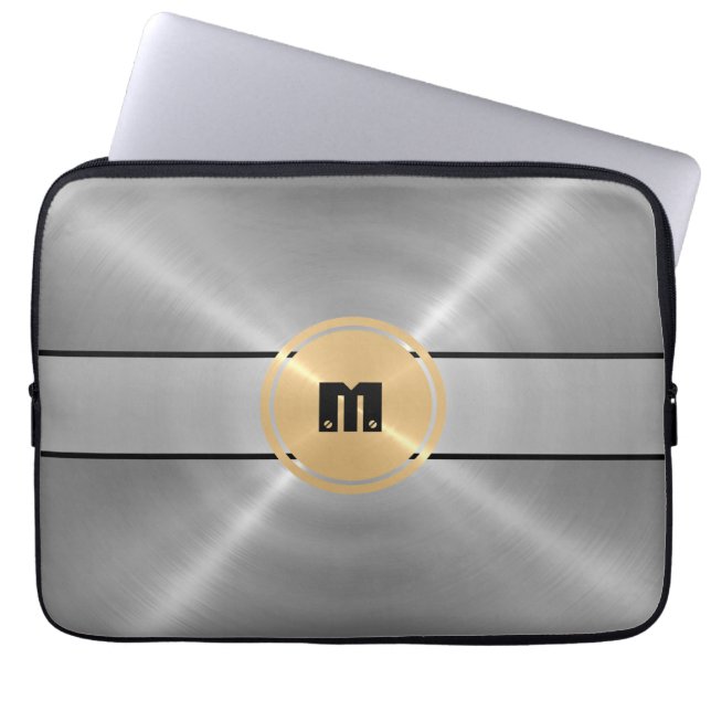 Silver Shiny Stainless Steel Metal and Gold Button Laptop Sleeve (Front)