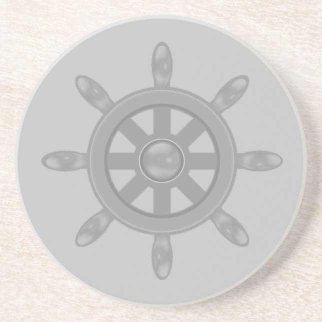 Silver ship wheel on light grey coaster (Front)