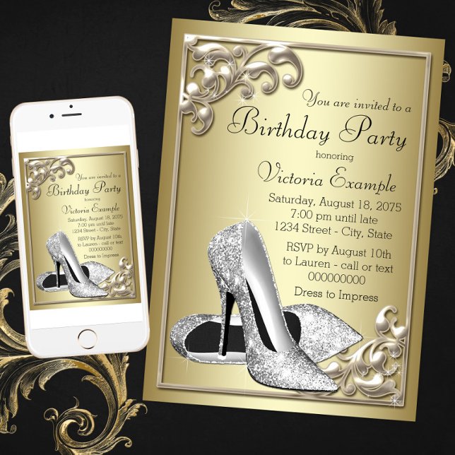 Silver Shoe Ivory Gold Birthday Party Invitation (Creator Uploaded)