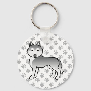 Silver Siberian Husky Cartoon Dog & Paws Keychain