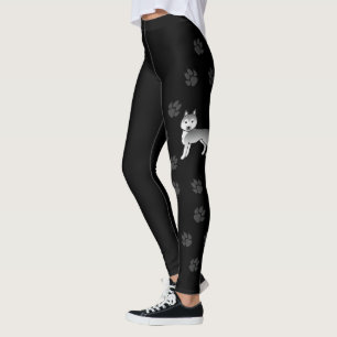 Silver Siberian Husky Cartoon Dog & Paws Leggings