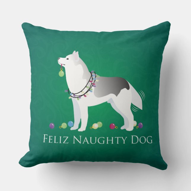 Silver Siberian Husky Feliz Naughty Dog Christmas Throw Pillow (Front)