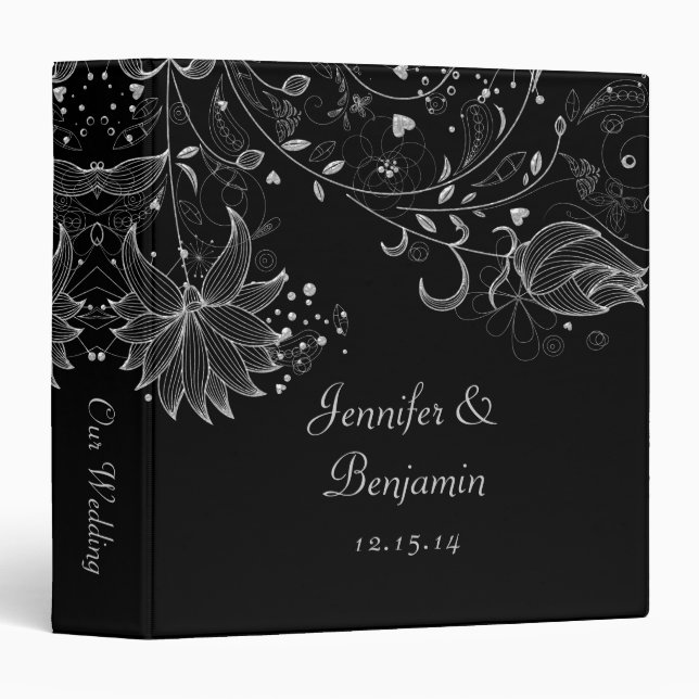 Silver Sketched Flowers on Black Photo Album Binder (Front/Spine)