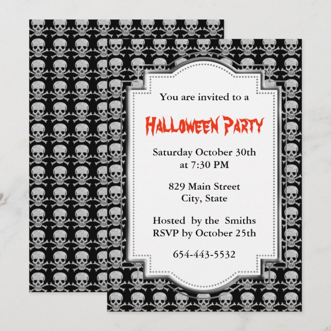 Silver Skull And Crossbones Halloween Party Invitation (Front/Back)