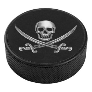 Silver Skull and Crossed Swords Hockey Puck