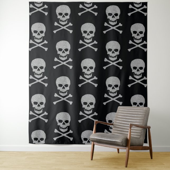 Silver Skull & Crossbones Halloween Backdrop Tapestry (In Situ)