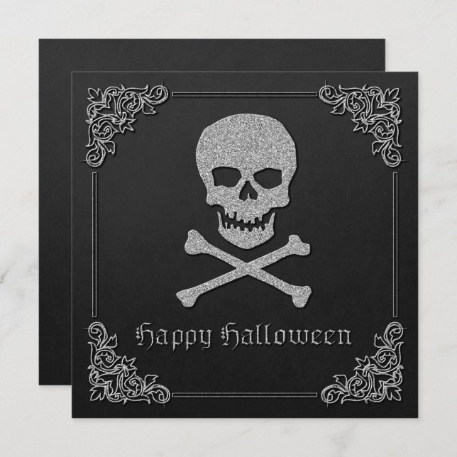 Silver Skull & Crossbones Halloween Greeting Card (Front/Back)