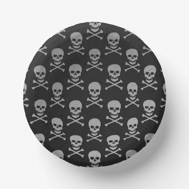 Silver Skull & Crossbones Halloween Paper Plate (Front)