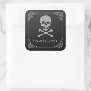 Silver Skull & Crossbones Halloween Square Sticker
