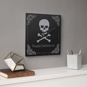 Silver Skull & Crossbones Halloween Square Wall Clock