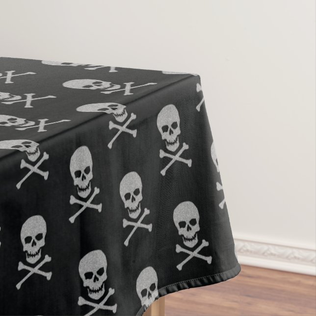 Silver Skull & Crossbones Halloween Tablecloth (In Situ)