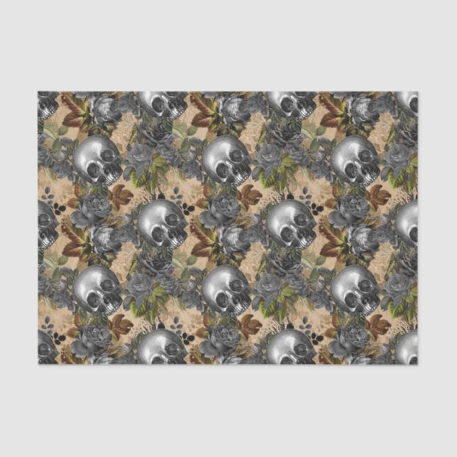 Silver Skulls and Roses Pattern Tissue Paper (Front)