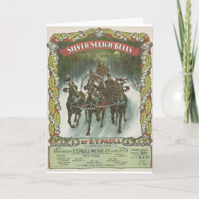 Silver Sleigh Bells Vintage Music Holiday Card (Front)