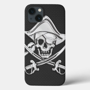 Silver Smiling Pirate on Carbon Fibre Style iPhone 13 Case