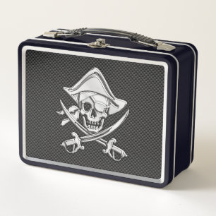 Silver Smiling Pirate on Carbon Fibre Style Metal Lunch Box