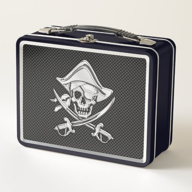 Silver Smiling Pirate on Carbon Fibre Style Metal Lunch Box (Front)