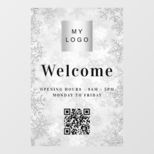 Silver snow business logo welcome opening QR code Window Cling