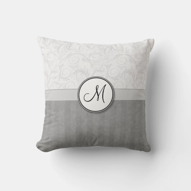 Silver Snow Floral Wisps & Stripes with Monogram Throw Pillow (Front)