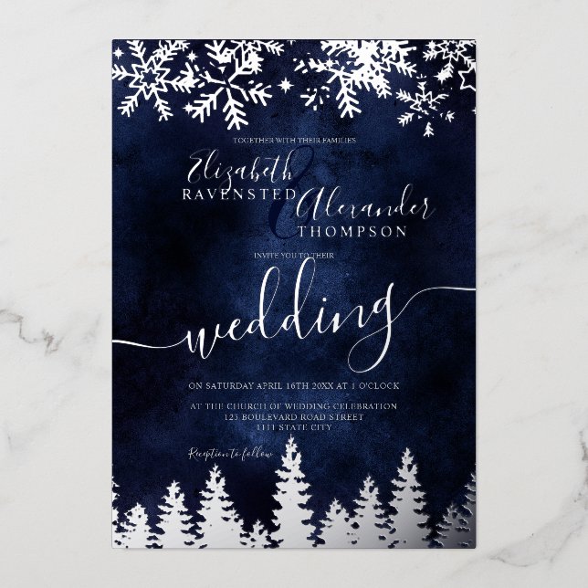 Silver snow pine navy Christmas winter wedding (Front)
