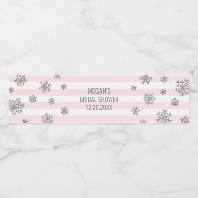 Silver Snow Pink Stripes Winter Bridal Shower Water Bottle Label (Single Label)