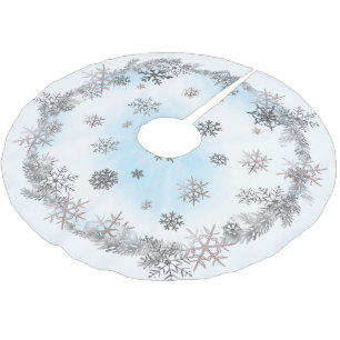 Silver snowflake and blue watercolor brushed polyester tree skirt