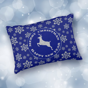 Silver Snowflake Blue Reindeer Accent Pillow