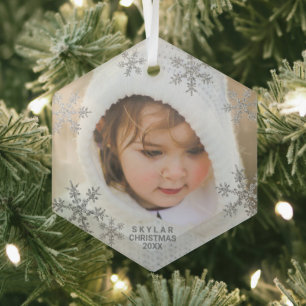 Silver Snowflake Elegant Minimalist Photo Glass Ornament