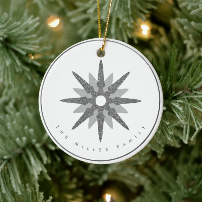 Silver Snowflake | Family Name Monogram & Date Ceramic Ornament (Tree)