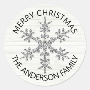 Silver Snowflake Faux Glitter Modern Stylish Classic Round Sticker