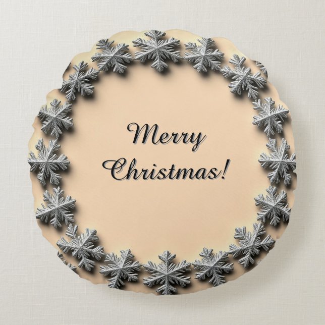 Silver Snowflake Frame Round Pillow (Front)