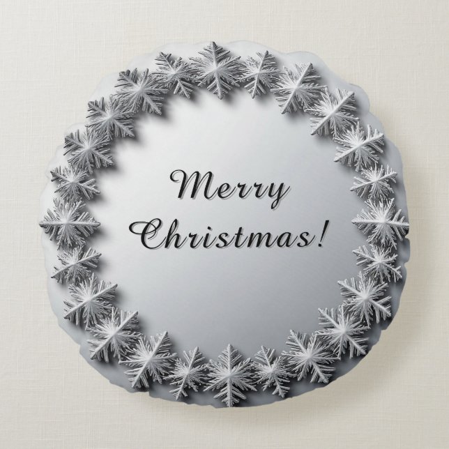 Silver Snowflake Frame Round Pillow (Front)