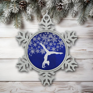 Silver Snowflake Gymnast on Blue Pewter Christmas Ornament