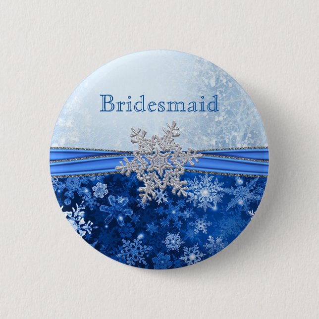 Silver snowflake on blue Bridesmaid 2 Inch Round Button (Front)