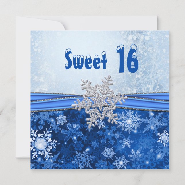 Silver snowflake on blue Sweet 16 Party Invitation (Front)