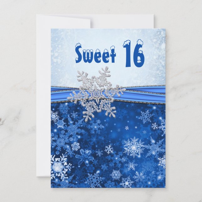 Silver snowflake on blue Sweet 16 Party Invitation (Front)