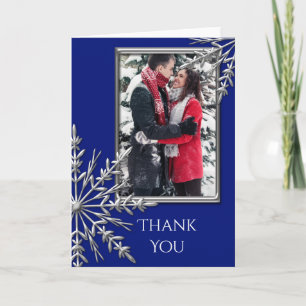 Silver Snowflake on Blue Thank You Note Photo Card
