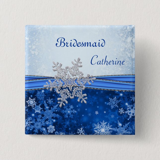 Silver snowflake on blue Wedding Bridesmaid 2 Inch Square Button (Front)