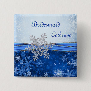 Silver snowflake on blue Wedding Bridesmaid 2 Inch Square Button