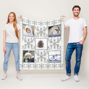 Silver Snowflake Optional Monogram 5 Photo Fleece Blanket